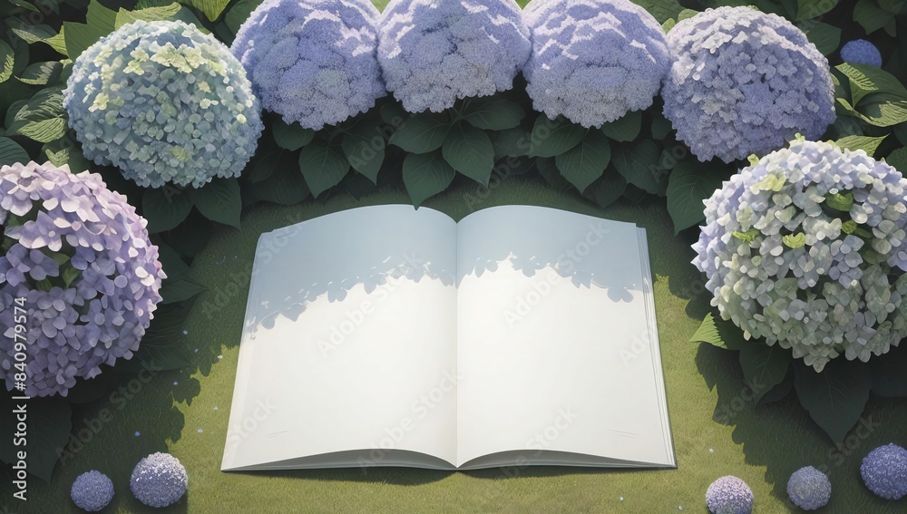 A serene image of an open blank book surrounded by lush clusters of ...