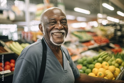 An elderly African-American man stands near the counter in a store and looks at the camera smiling. successful elderly salesman working in a fruit and vegetable store offering fresh produce.