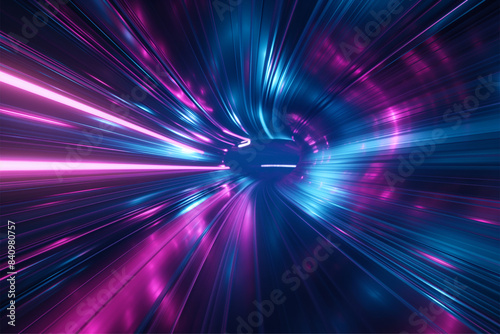 Blue purple light line through dark background, hyper speed warp in space photo