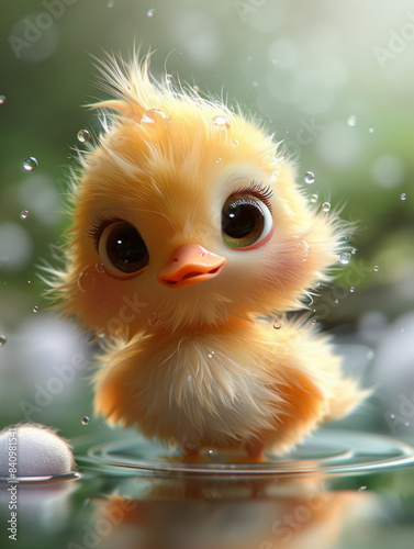 A fat baby duck, upside down, soft and delicate fur, cotton candy,generative ai