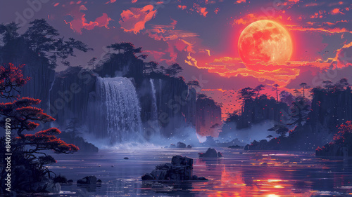 a beautiful landscape  waterfal and trees  sunset colors  vectorial illustration generative ai