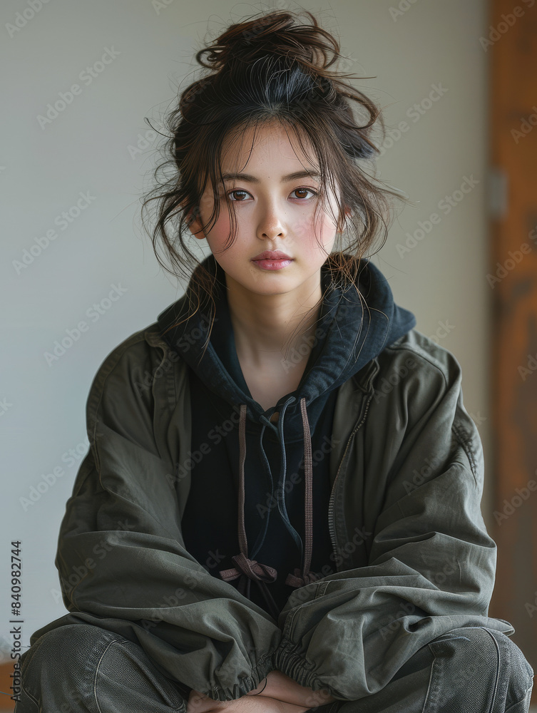 full body shot sitting with crossed legs on a chair,of Japanese female created with Generative AI technology full body shot sitting with crossed legs on a chair,of Japanese female created with Generative AI technology