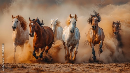 Horses running in the desert dust, front view