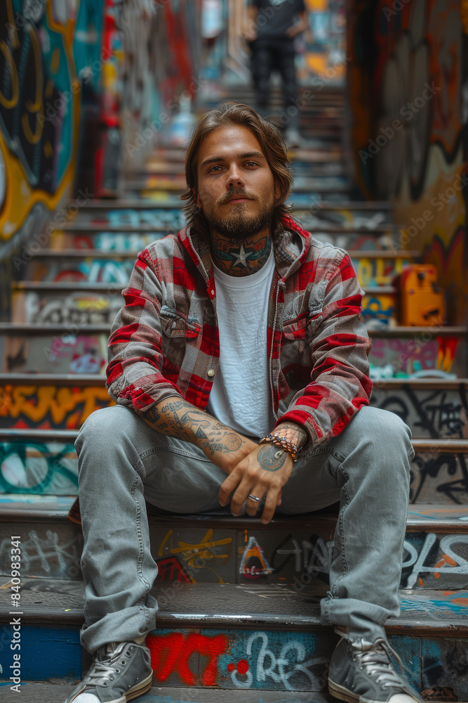 full-length a 30 years old man-model, Streetwear fashion style created with Generative AI technology full-length a 30 years old man-model, Streetwear fashion style created with Generative AI technology