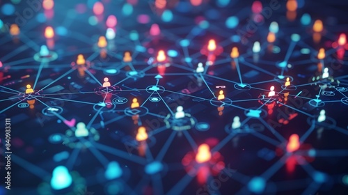 illustration connecting people on the internet, social network connection, glowing connections between people icons on dark blue background. Digital technology and online communication