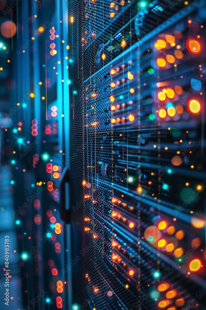 Modern Data Center with Colorful Bokeh Lights - High-Tech Server Racks and Network Equipment in a Futuristic Setting Modern Data Center with Colorful Bokeh Lights - High-Tech Server Racks and Network Equipment in a Futuristic Setting
