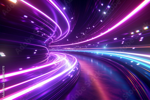 Blue purple light line through dark background, hyper speed warp in space © Work 19 Studio