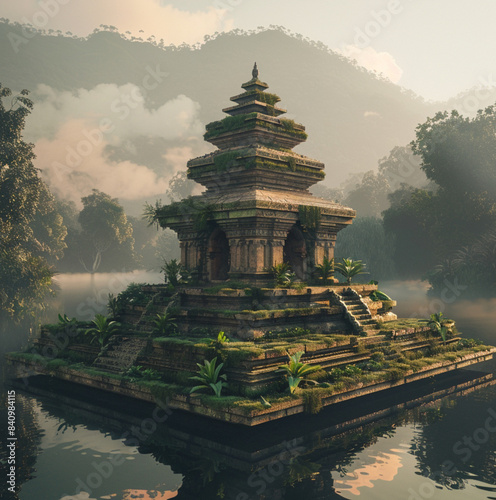 small square temple like building with a flat grass roof build in simple materials on a little square island in a little square pond backgrund is the misty jungle of thailand  photo