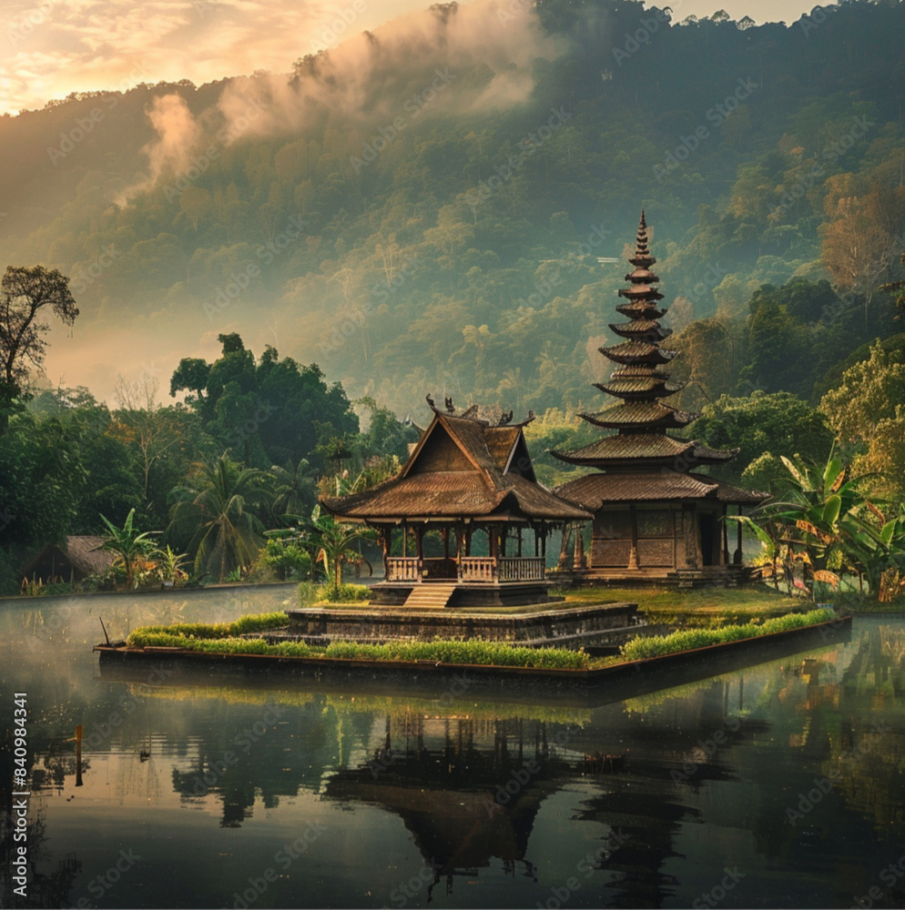 small square temple like building with a flat grass roof build in simple materials on a little square island in a little square pond backgrund is the misty jungle of thailand small square temple like building with a flat grass roof build in simple materials on a little square island in a little square pond backgrund is the misty jungle of thailand