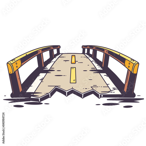 Broken bridge cartoon illustration isolated white background. Wooden planks missing damaged bridge cartoonstyle graphic. Designer vector artwork cartoon broken section