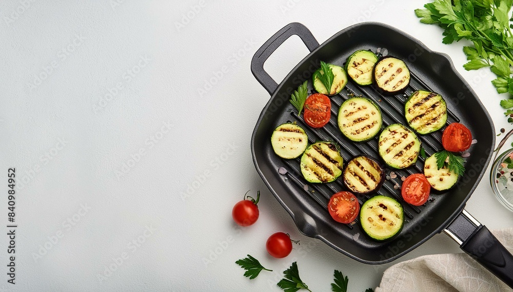 pan with grilled vegetables; zucchini, eggplant, cheese, tomatoes, peppers, onions and herbs in the grill on a white background closeup top view from copy space pan with grilled vegetables; zucchini, eggplant, cheese, tomatoes, peppers, onions and herbs in the grill on a white background closeup top view from copy space