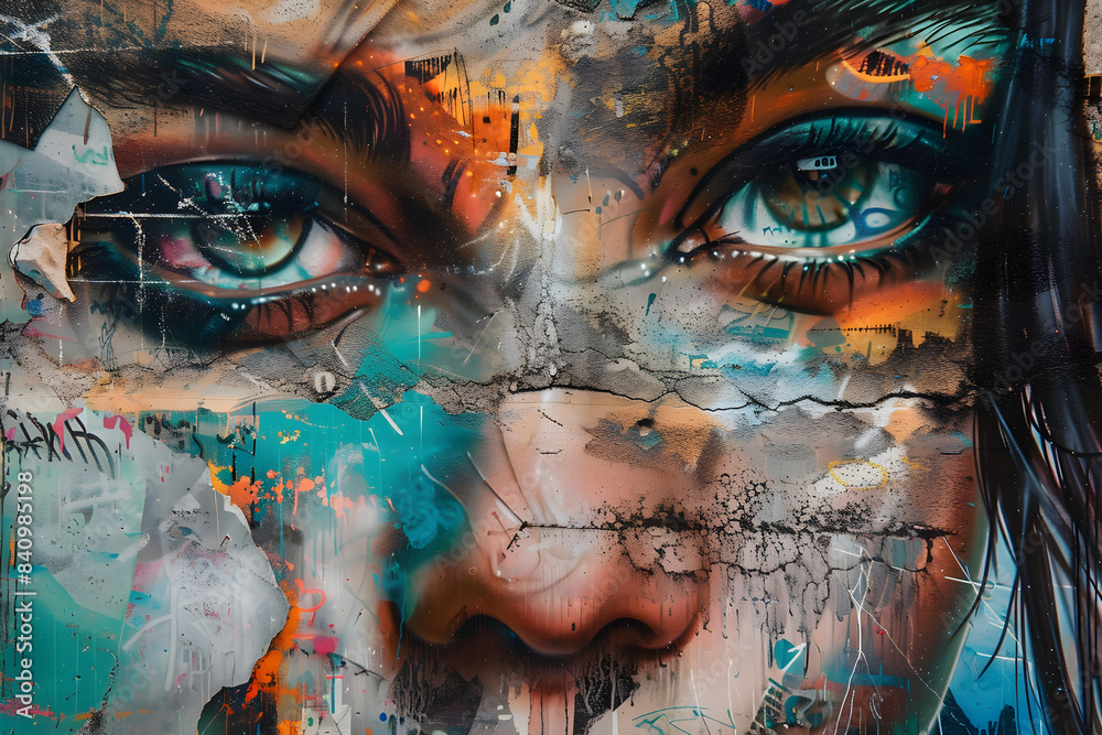 Graffiti Art depicting a woman's face with street murals interweaving cultural, social and artistic elements, generating a dynamic and exciting visual experience. Graffiti Art depicting a woman's face with street murals interweaving cultural, social and artistic elements, generating a dynamic and exciting visual experience.