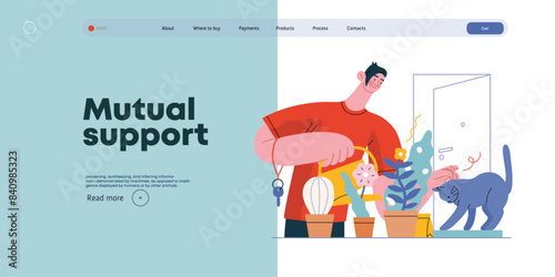 Mutual Support: Look after neighbor's house -modern flat vector concept illustration of man watering plants, looking after neighbors' cat A metaphor of voluntary, collaborative exchanges of services