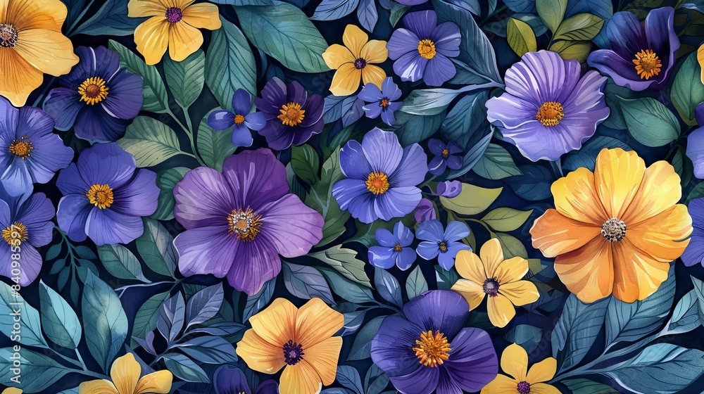 Watercolor painting of woodland flowers, seamless pattern, vibrant purple and yellow blooms, delicate leaves, artistic and natural