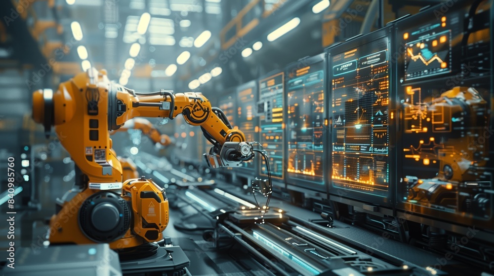 In a futuristic factory, robotic arms seamlessly collaborate with human workers, surrounded by data visualizations on glass walls and holograms that float In a futuristic factory, robotic arms seamlessly collaborate with human workers, surrounded by data visualizations on glass walls and holograms that float