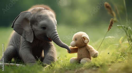 An elephant calf with a toy elephant photo