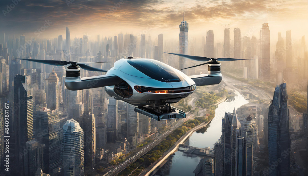 Futuristic manned roto passenger drone soaring over urban skyline, symbolizing future air transport innovation Futuristic manned roto passenger drone soaring over urban skyline, symbolizing future air transport innovation