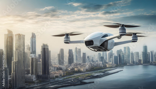 Futuristic manned roto passenger drone soaring over urban skyline, symbolizing future air transport innovation