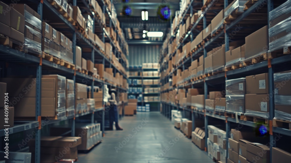 Modern Warehouse Interior with Stacked Shelves and Cardboard Boxes, Industrial Storage Facility, Logistics and Distribution Center, Efficient Inventory Management, Business Supply Chain Operations Modern Warehouse Interior with Stacked Shelves and Cardboard Boxes, Industrial Storage Facility, Logistics and Distribution Center, Efficient Inventory Management, Business Supply Chain Operations