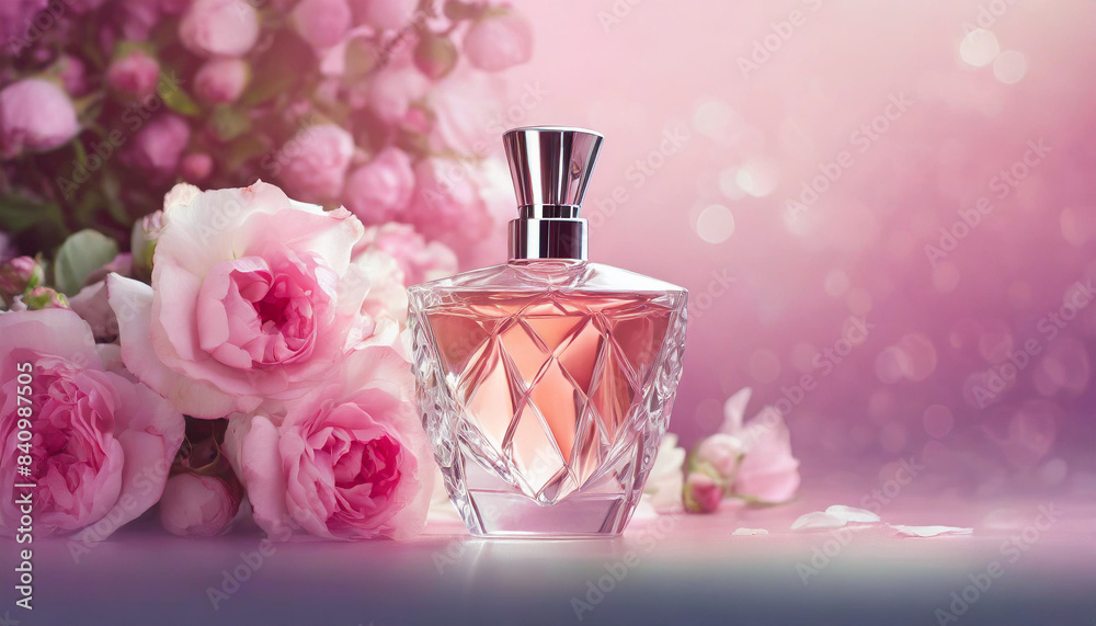 glass perfume bottle set against a backdrop of delicate pink flowers, exuding elegance and sophistication glass perfume bottle set against a backdrop of delicate pink flowers, exuding elegance and sophistication