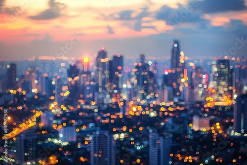 Abstract Blurred Cityscape at Dusk with Colorful Lights and Skyscrapers in the Background, Capturing the Vibrant Energy and Dynamic Atmosphere of an Urban Metropolis