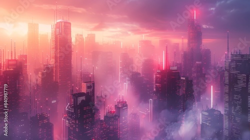 Futuristic Cityscape at Sunset with Neon Lights and Skyscrapers in a Misty Atmosphere, Capturing the Essence of Modern Urban Life and Technological Advancement