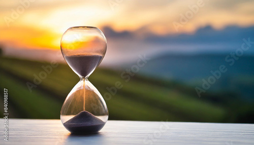 Hourglass against sunset backdrop, symbolizing fleeting time and urgency, perfect for illustrating time management concepts