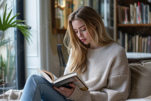 elegantly styles cashmere sweater and sports leggings. While reading a book in the house.