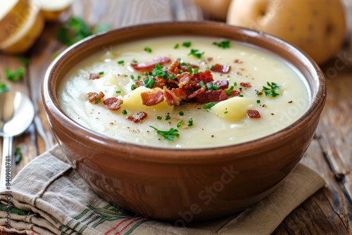 creamy delicius potato soup with crispy bacon - generative ai photo