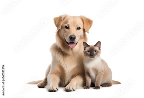 A young golden retriever dog and a cat sitting together  both looking at the camera with friendly expressions