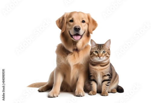 A young golden retriever dog and a cat sitting together  both looking at the camera with friendly expressions