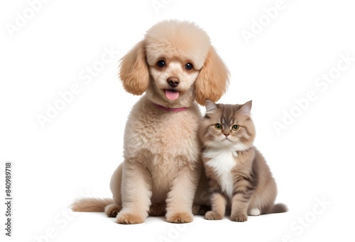 A young poodle and a cat sitting together, both looking at the camera with friendly expressions