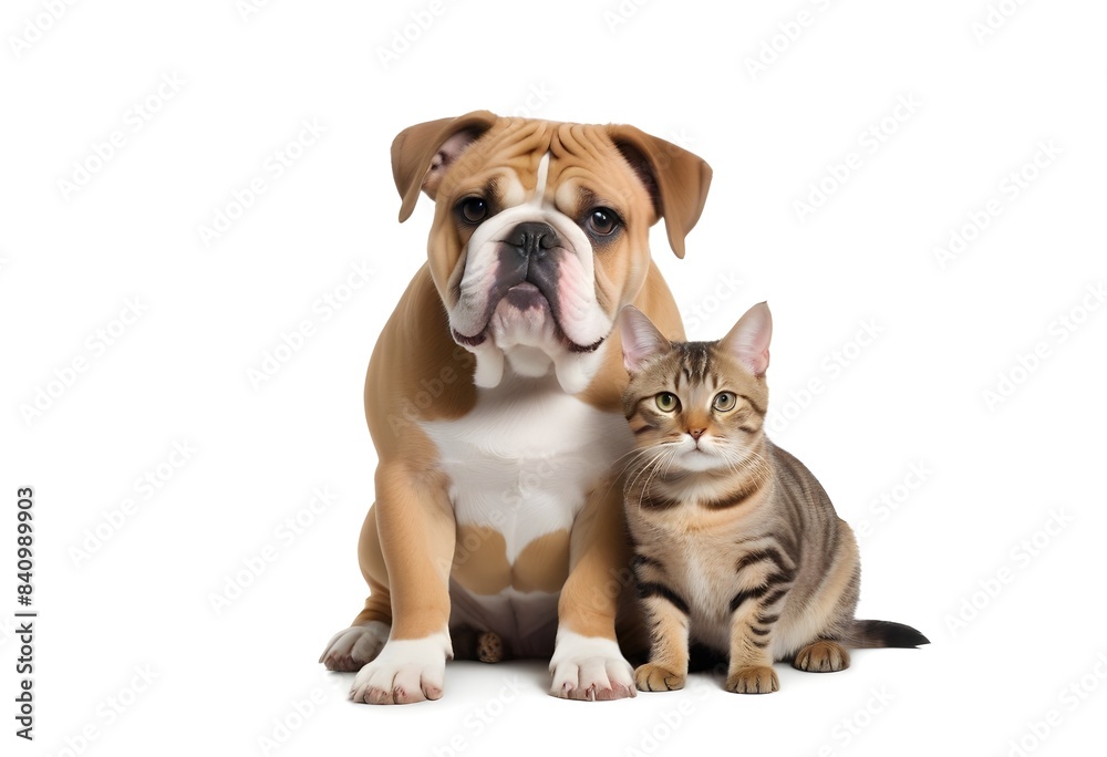 A young bulldog and a cat sitting together, both looking at the camera with friendly expressions
