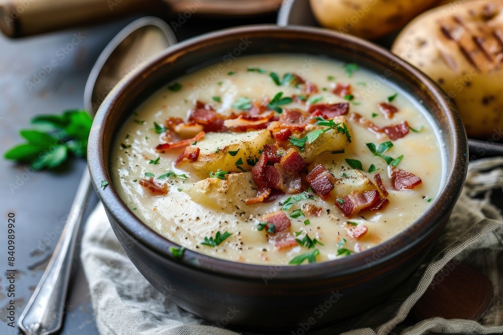 creamy delicius potato soup with crispy bacon - generative ai creamy delicius potato soup with crispy bacon - generative ai