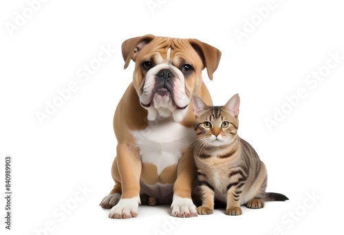 A young bulldog and a cat sitting together  both looking at the camera with friendly expressions
