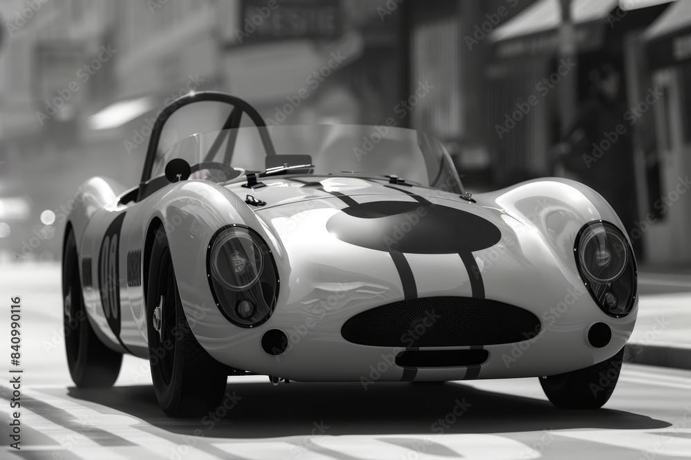 Obraz premium Vintage 1960s Racecar Cruising Through Urban City Street, Black and White Photo