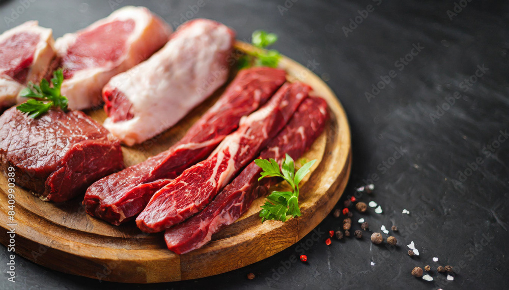 meat cuts displayed on wooden trays at a butcher shop, inviting customers with freshness and variety meat cuts displayed on wooden trays at a butcher shop, inviting customers with freshness and variety