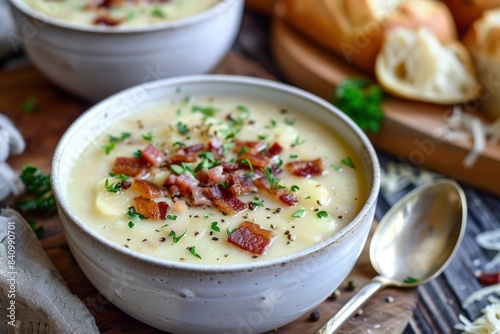 creamy delicius potato soup with crispy bacon - generative ai