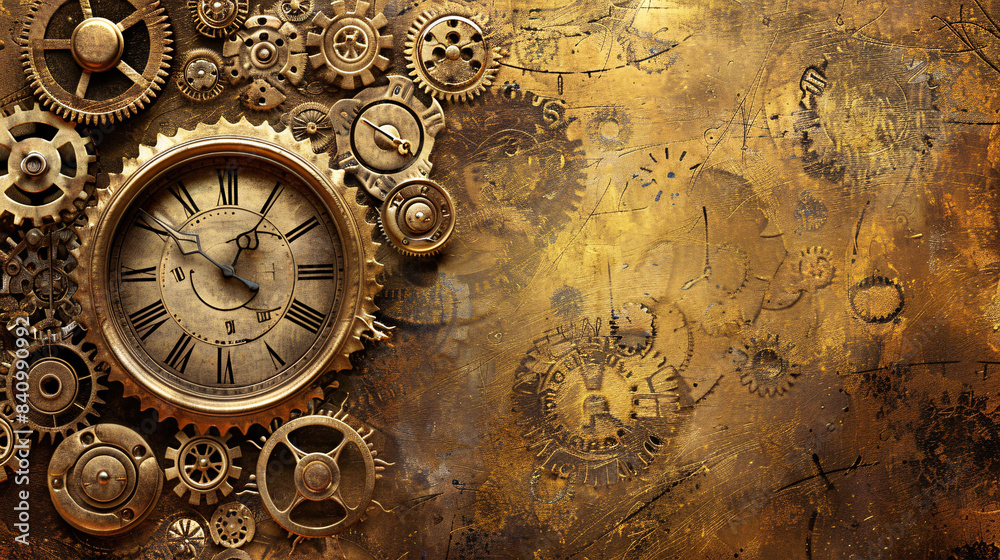 Naklejka premium Steampunk background with golden gears and clock faces. Detailed illustration