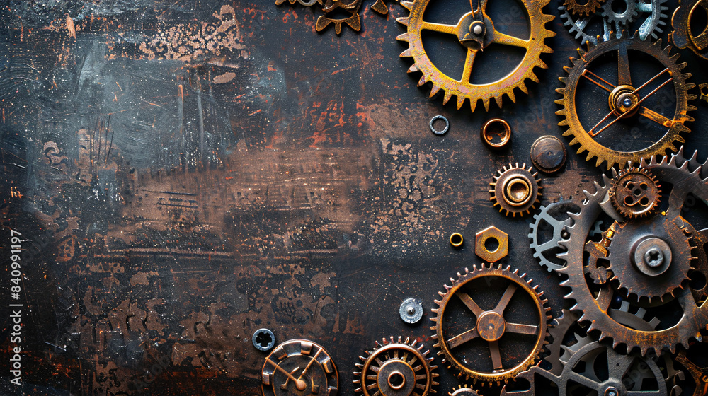 Steampunk-inspired background with gears and clock faces for product ...