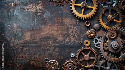 Steampunk-inspired background with gears and clock faces for product presentations © ZenArt