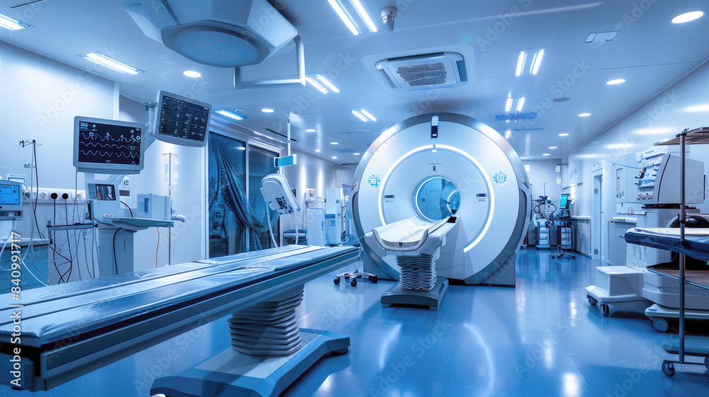 Hospital room interior with medical radiology equipment, CT machine or MRI scanner in clinic. Concept of tomography, cancer, resonance, diagnosis, science, Hospital room interior with medical radiology equipment, CT machine or MRI scanner in clinic. Concept of tomography, cancer, resonance, diagnosis, science,