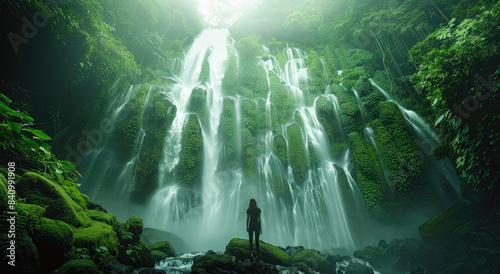 A person standing in front of a waterfall in a lush green jungle landscape