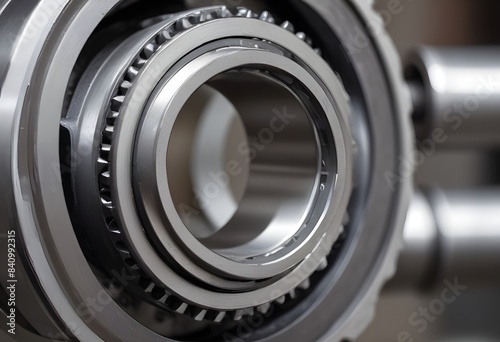 Close-up of a metal industrial machine part, likely a bearing or gear, with a shiny metallic surface and intricate mechanical details © Studio Art