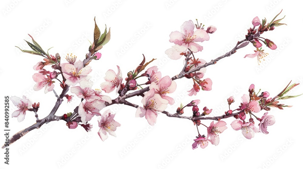 Cherry blossom branch and almond on white background drawn by hand Watercolor botanical drawing for design decor and celebrations of spring tree bloom with pink flowers Cherry blossom branch and almond on white background drawn by hand Watercolor botanical drawing for design decor and celebrations of spring tree bloom with pink flowers