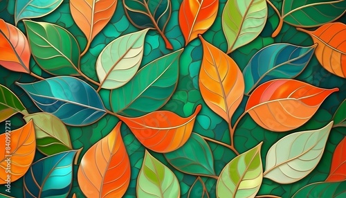 Cloisonne floral pattern of green and orange leaves abstract background  wallpaper art design created with generative ai 