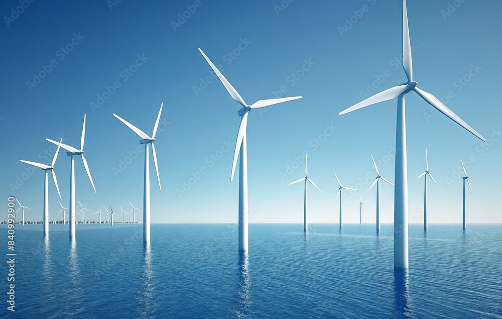Wind turbines in the sea with a clear blue sky, Copenhagen visible in the background, wide shot. Wind turbines in the sea with a clear blue sky, Copenhagen visible in the background, wide shot.
