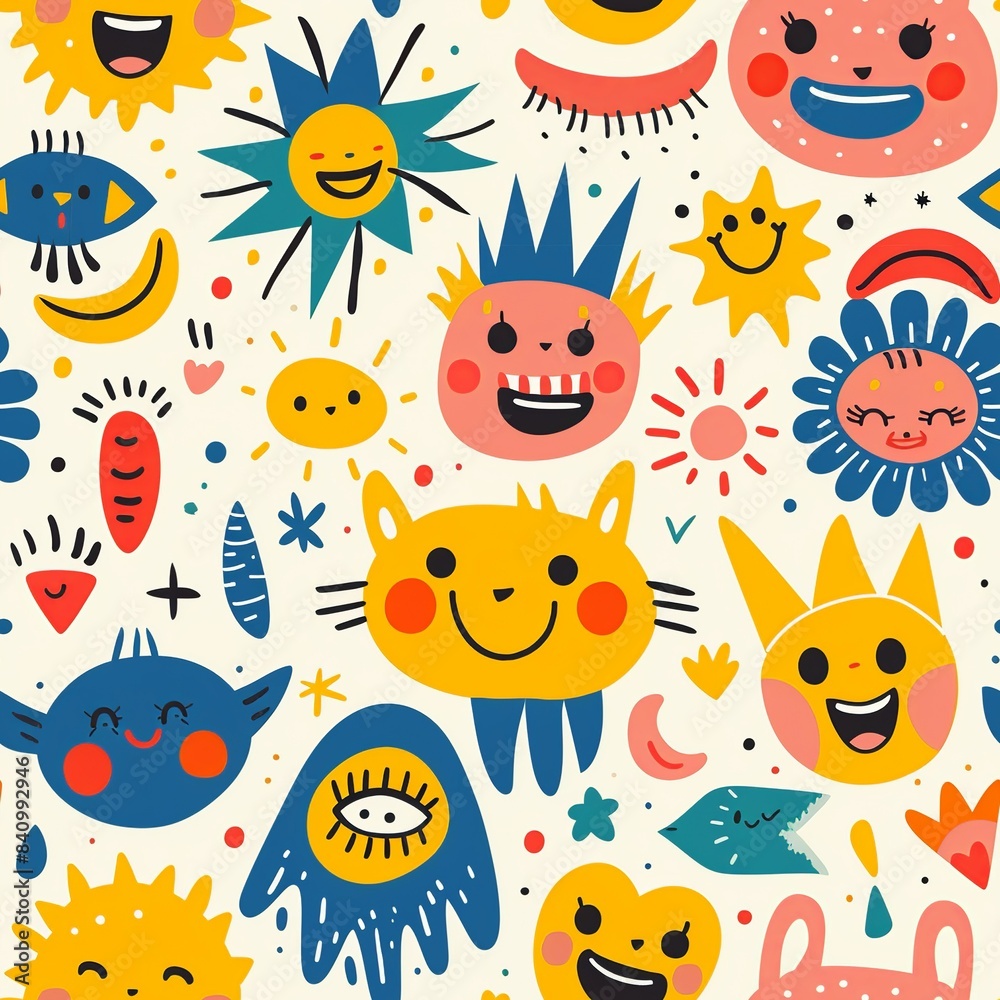 A delightful depiction of happy faces, each one unique and full of life, surrounded by playful shapes and bright colors, evoking the joyful spirit of kindergarten creativity. Minimal pattern banner A delightful depiction of happy faces, each one unique and full of life, surrounded by playful shapes and bright colors, evoking the joyful spirit of kindergarten creativity. Minimal pattern banner