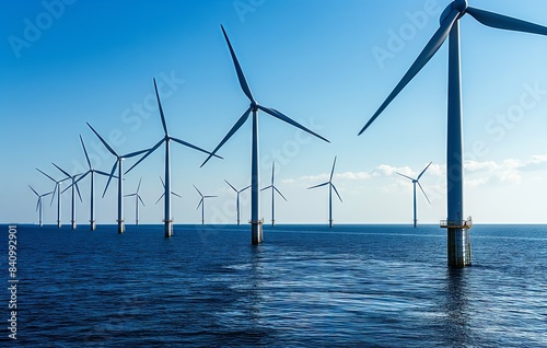 Wind turbines in the sea with a clear blue sky, Copenhagen visible in the background, wide shot.