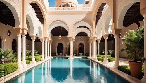 getaway destination of luxury resort hotel or palace garden landscaping design with arcade arcs and pool water feature for Arabia classic exotic tourism architecture design generative ai 
